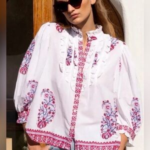 Oliphant ruffle front button White Cotton Blouse in Verna Red NWT